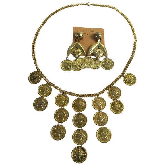 Jewelry - Boho International Festival Faux Coin Gold Tone Necklace Dangly Earrings Set